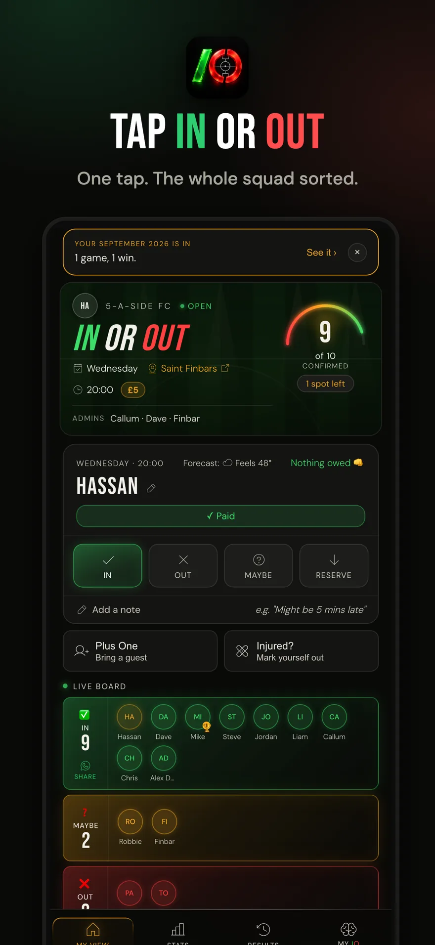 In or Out on iPhone: tap in or out, the whole squad sorted